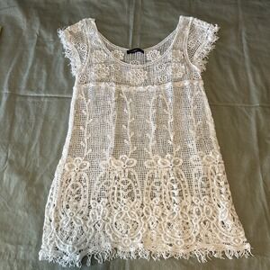 You Are Not Alone White Crochet Scalloped  Sleeve Boho Sweater Womens Medium